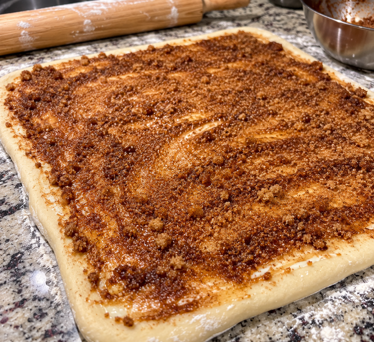 Rolled cinnamon roll dough with cinnamon filling